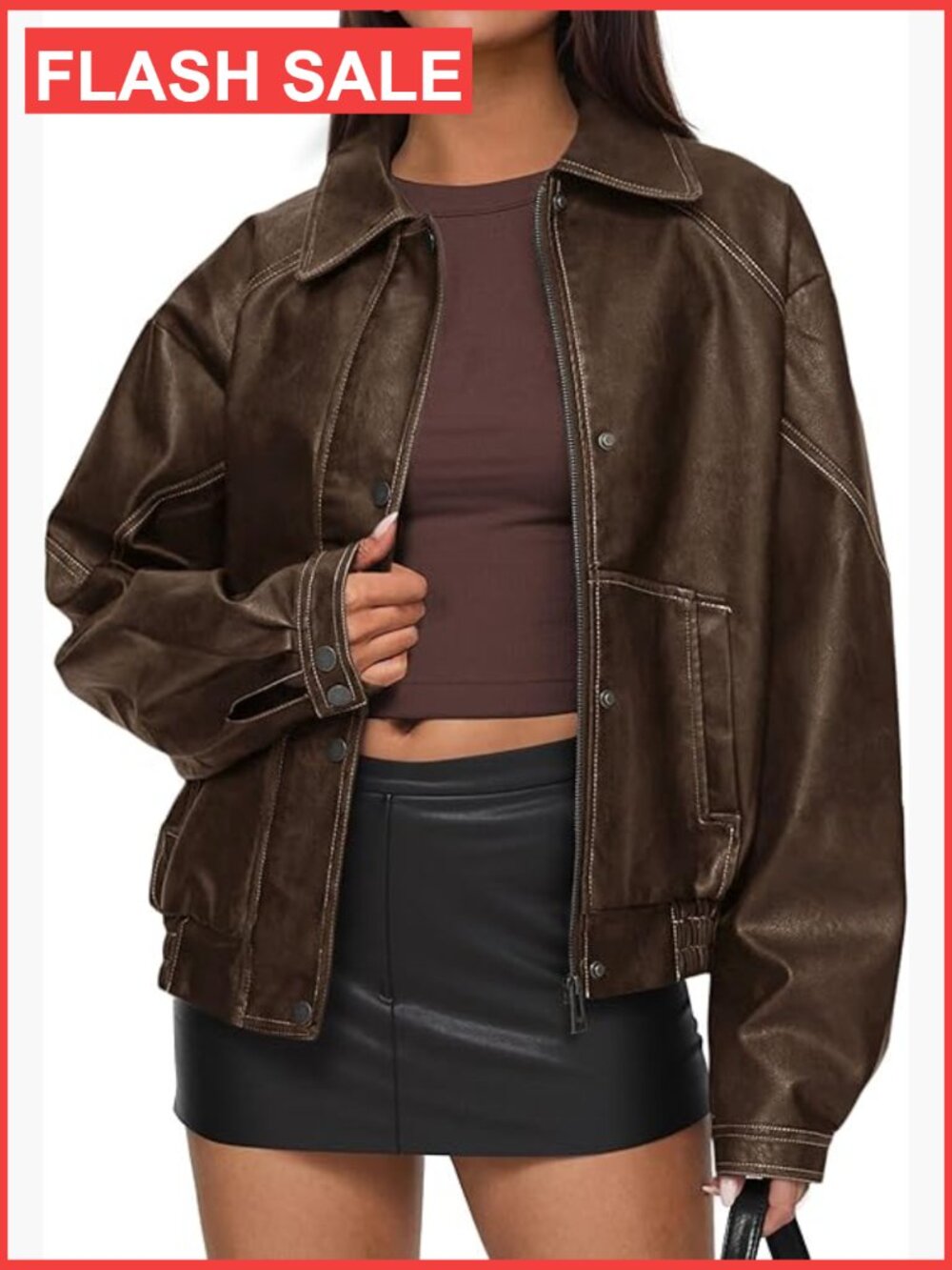Faux Leather Bomber Jacket Women Oversized Motorcycle Zip Up Coat Winter Fall